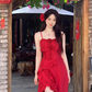 Large size French three-dimensional rose suspender dress high-end slim fit slit holiday dress R1847