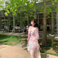Pink chiffon printed dress for women summer new beautiful slit waist niche long skirt R4263