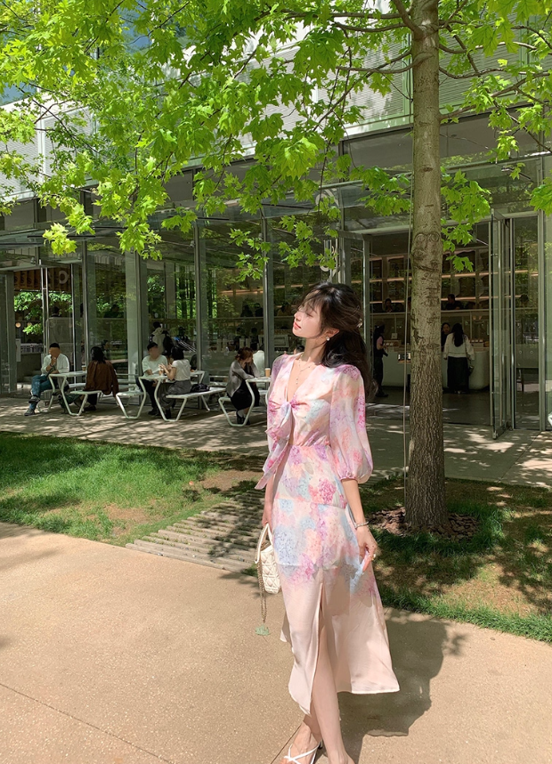 Pink chiffon printed dress for women summer new beautiful slit waist niche long skirt R4263