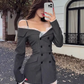 Design lace splicing one-shoulder striped dress 2025 long-sleeved waist short skirt R1302