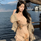 New Chinese style printed backless suspender floral dress sexy holiday wear irregular skirt R1461