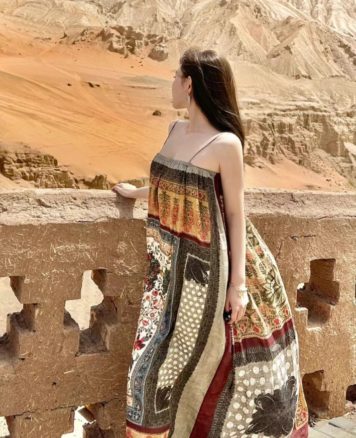 Travel wear retro ethnic style Bohemian suspender dress seaside beach dress R1623