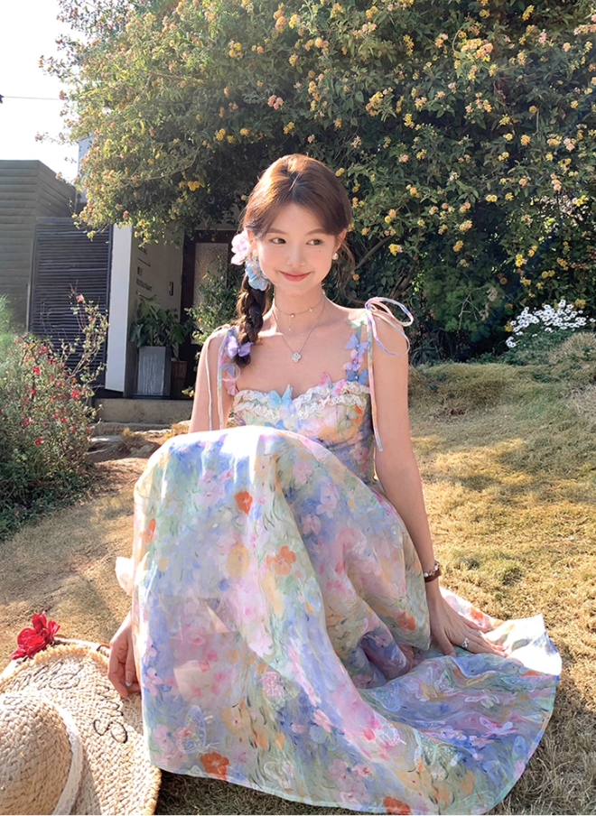 Long waist A-line suspender dress summer French retro temperament high-end skirt R4662