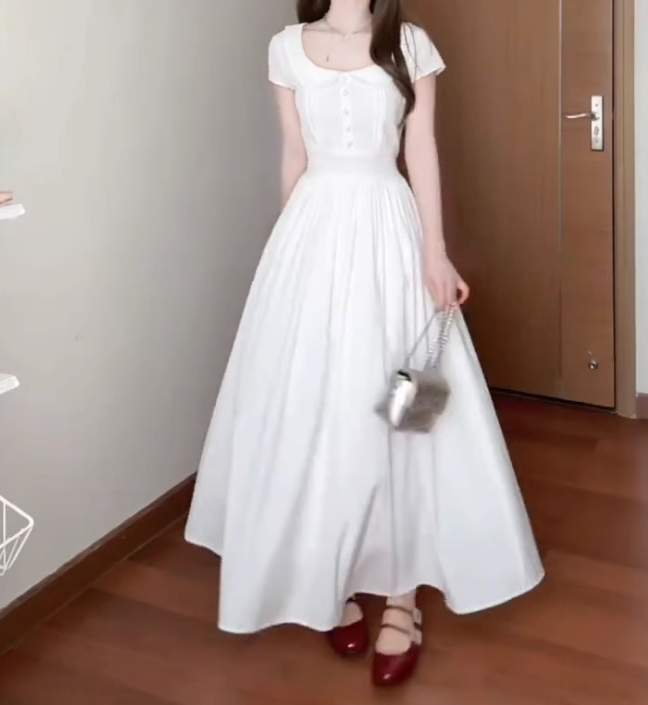 Elegant and decent skirt, gentle style, beautiful waist A-line white dress R0717