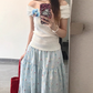Pure and gentle holiday style striped one-shoulder T-shirt floral skirt two-piece suit R0876