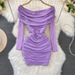 Pure sexy one-shoulder off-shoulder waisted petite short pleated mesh hip-wrapped bottoming dress R0386