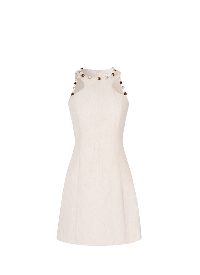 French style high-end holiday style beige round neck waist slim petite A-line dress R3344