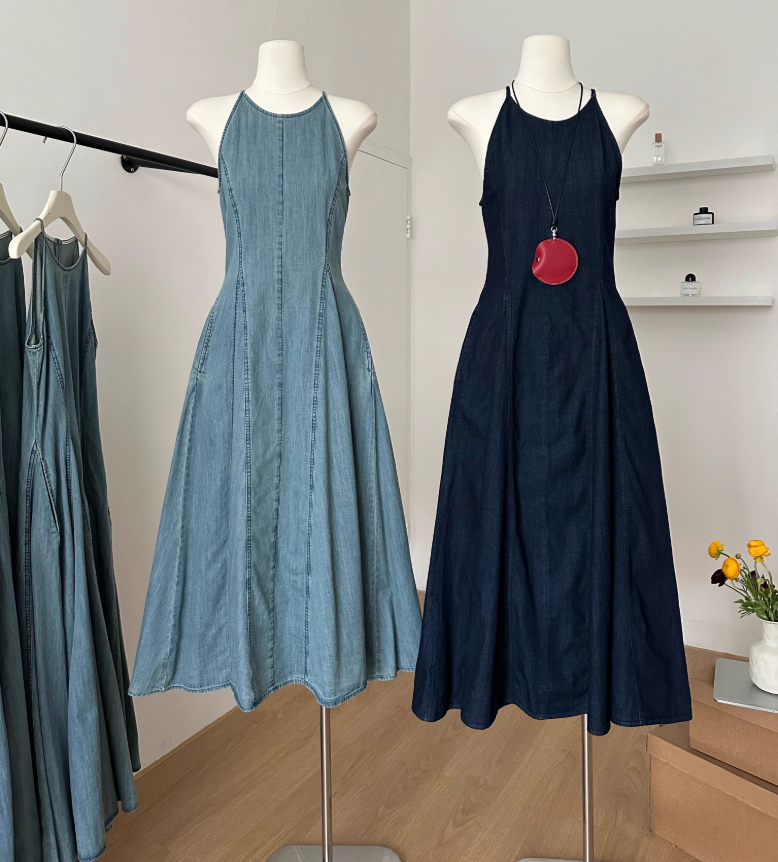 Washed suspender denim dress summer new French style slim swing suspender dress R2188