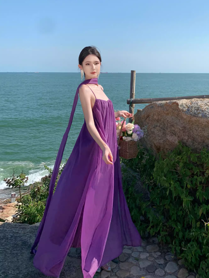 Purple beach dress backless dress loose chiffon suspender long dress seaside holiday dress R1595