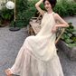 White lace off-shoulder beach maxi dress holiday suspender dress French retro dress R1697