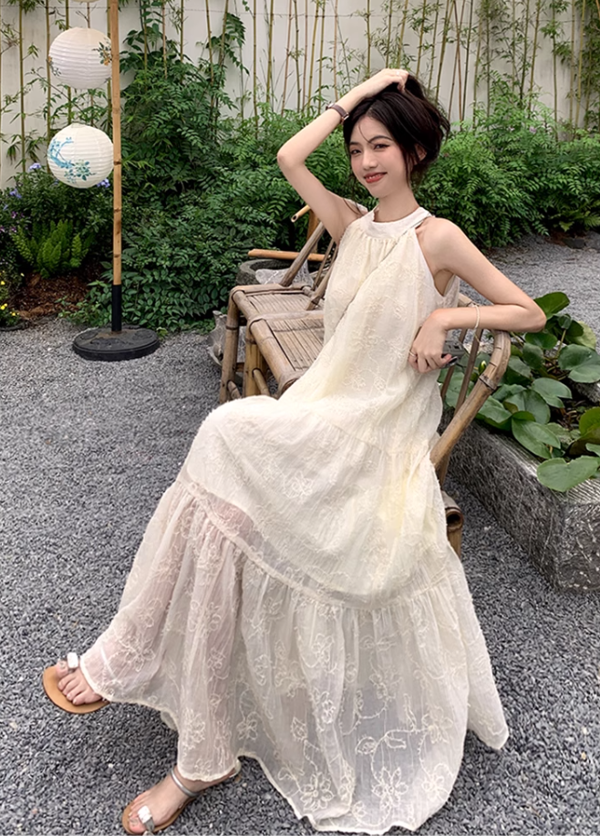 White lace off-shoulder beach maxi dress holiday suspender dress French retro dress R1697