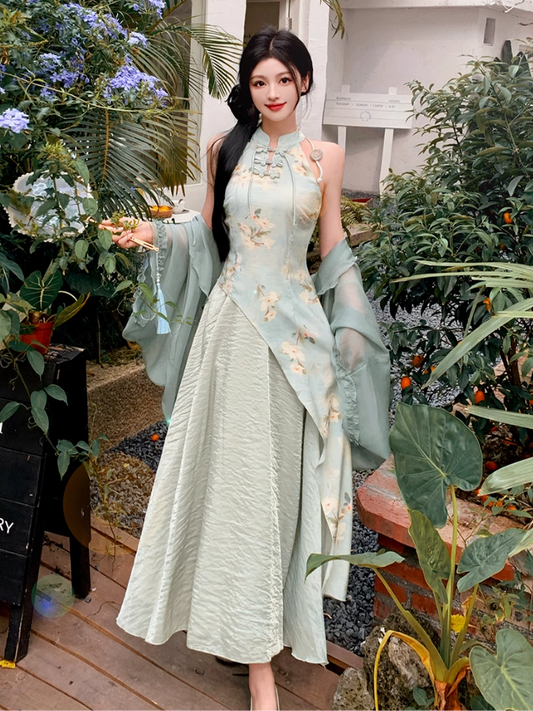 Fairy New Chinese Retro Temperament Splicing Printed Long Skirt Sleeveless Halter Neck Dress R1711