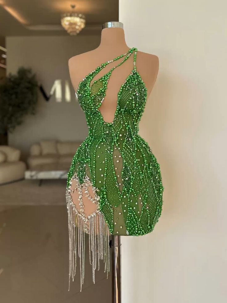 Green irregular suspenders sequins shiny waist slim design tassel ball gown prom dress homecoming dress R2968