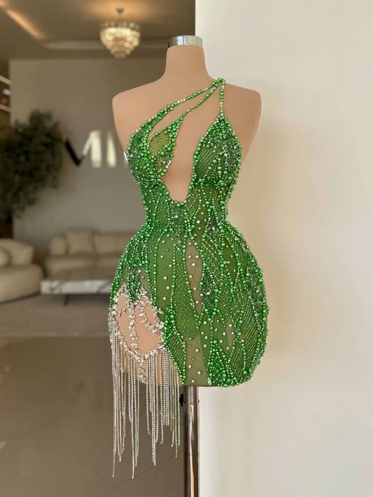 Green irregular suspenders sequins shiny waist slim design tassel ball gown prom dress homecoming dress R2968