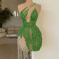 Green irregular suspenders sequins shiny waist slim design tassel ball gown prom dress homecoming dress R2968