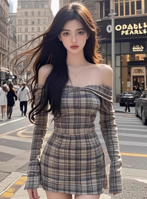 Large size French one-shoulder retro plaid dress slightly fat pure desire hot girl hip skirt R1868