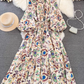 Fashion lantern long sleeve round neck waist a-line print irregular dress elegant long skirt R0404
