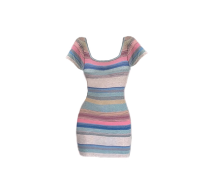Pure color short-sleeved knitted dress with waist, sexy and slim hip-hugging short skirt R0143