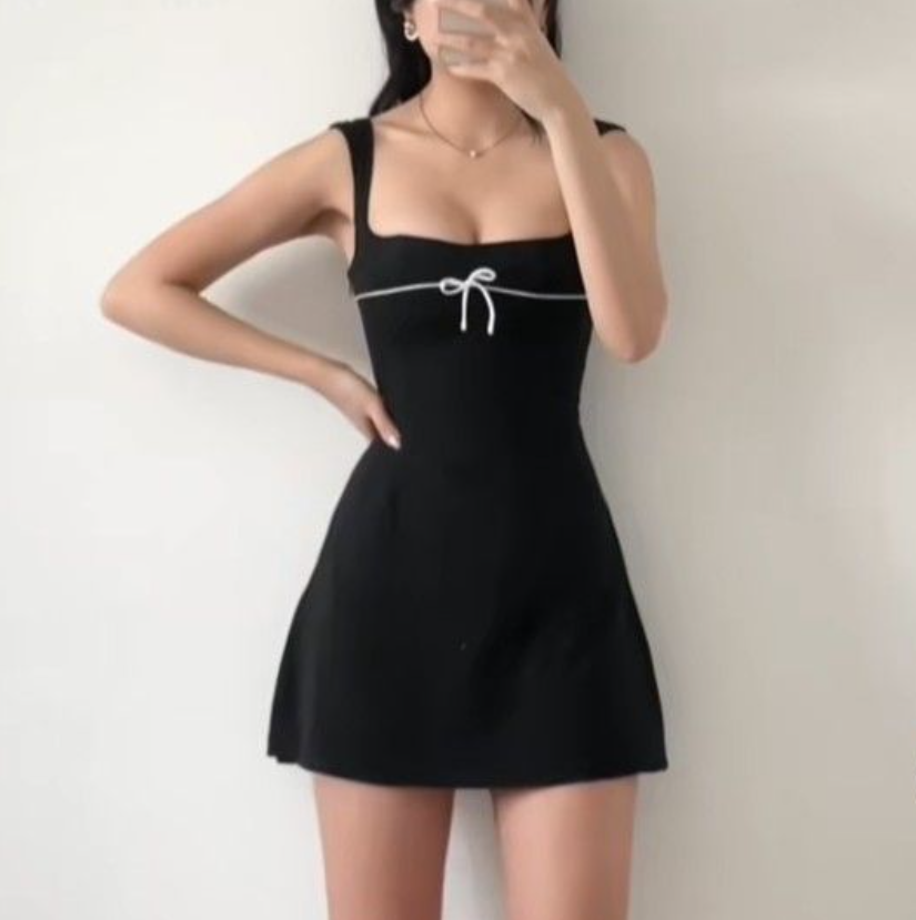 Black suspenders waist slim A-line short skirt homecoming dress R3156
