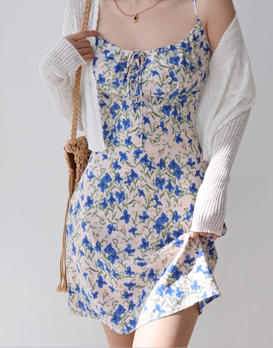 French retro blue floral suspender skirt sexy slim dress hip skirt R2852