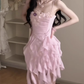 Ruffled purple flower suspender dress gentle temperament waist A-line beach dress R0792