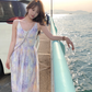 Long V-neck waist suspender dress summer French retro temperament skirt R4950