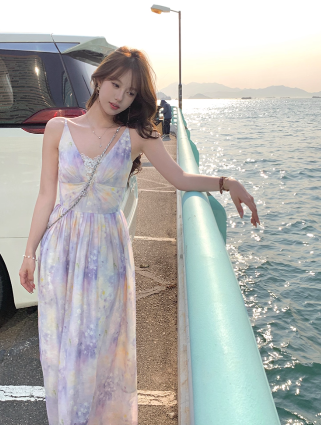 Long V-neck waist suspender dress summer French retro temperament skirt R4950