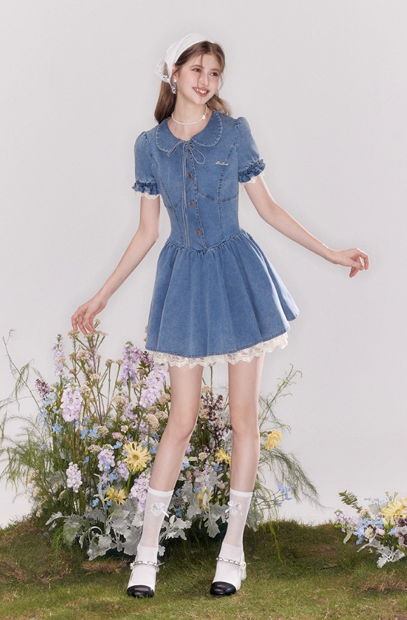 Vintage denim dress with baby doll collar, puff sleeves and waist-hugging tutu skirt R4543