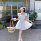 White waist square neck puff sleeves A-line dress women's French retro skirt R4949