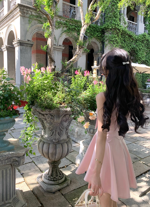 French style pink fake two-piece dress summer new temperament A-line short skirt R4341