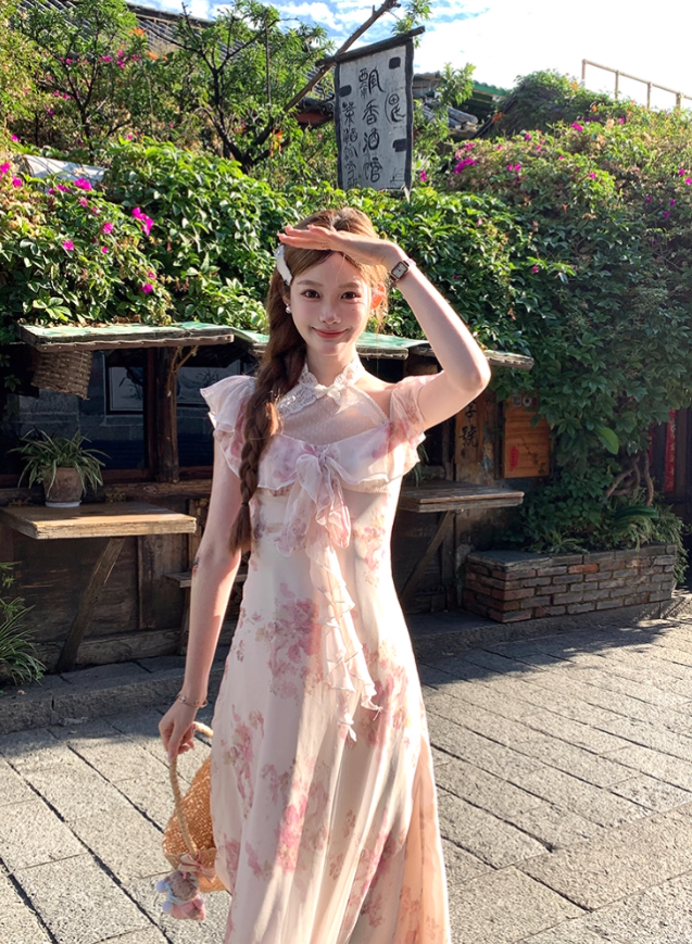 Long printed halter neck dress for women summer French style skirt R4831