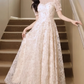 Lace Long Dress Women's Princess Sleeved Square Neck Elegant Evening Dresses      S5440
