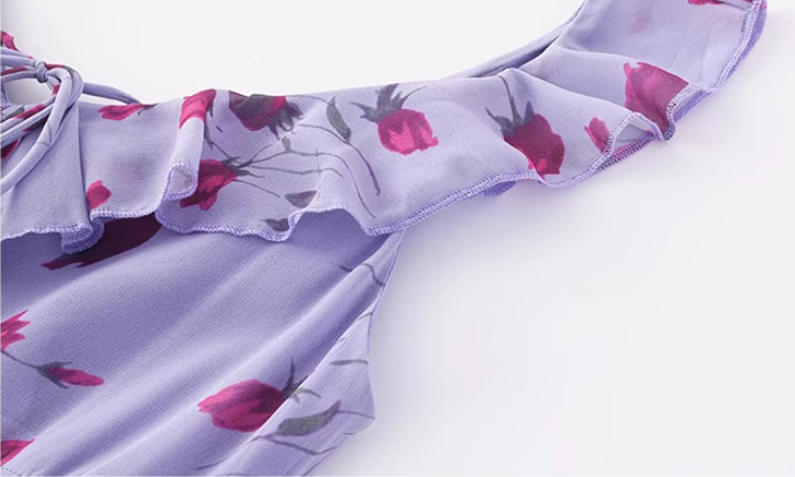 French retro purple floral tea dress 2025 new holiday style long dress R2596