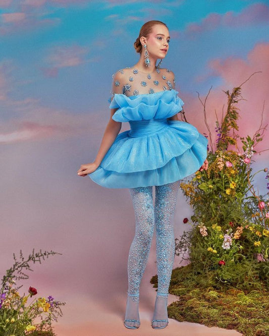 Blue high-grade waist cute puffy skirt homecoming dress R3720