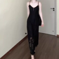 Retro v-neck hollow suspender dress niche waist temperament long skirt R0679