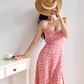 European and American retro girl side slit pink floral suspender skirt long dress R2811