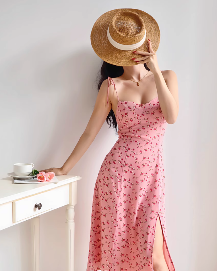 European and American retro girl side slit pink floral suspender skirt long dress R2811