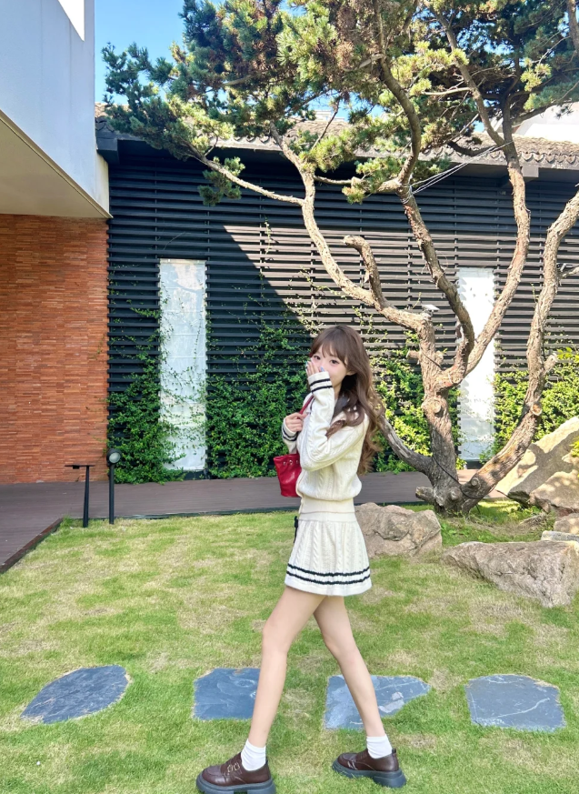 College style doll collar long-sleeved knitted cardigan 2025 contrast color A-line skirt suit R1292