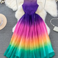 Temperament sleeveless round neck waist slimming A-line rainbow gradient chiffon elegant dress R0405
