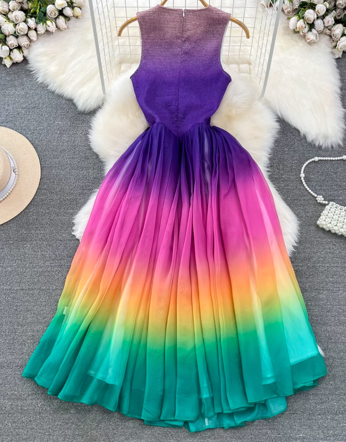 Temperament sleeveless round neck waist slimming A-line rainbow gradient chiffon elegant dress R0405