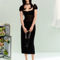 French elegant waist square neck splicing dress summer simple midi dress R3330