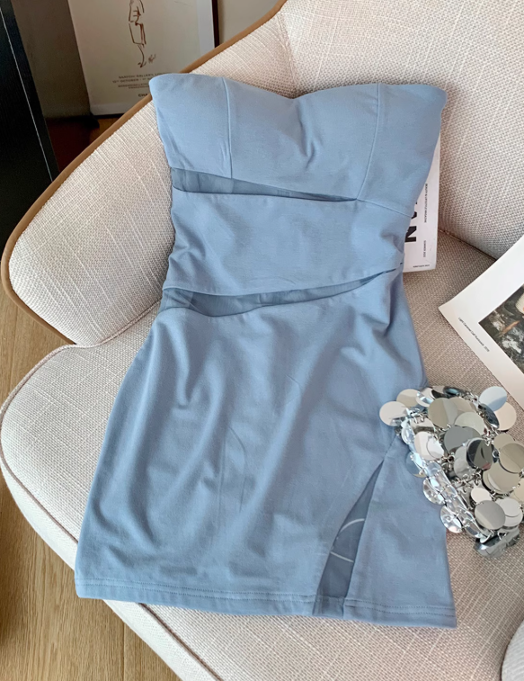 Pure sexy tube top dress for women new style waist slimming mesh short hip skirt R3994