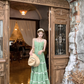 Green long round neck sleeveless suspender dress women's summer French temperament skirt R4742