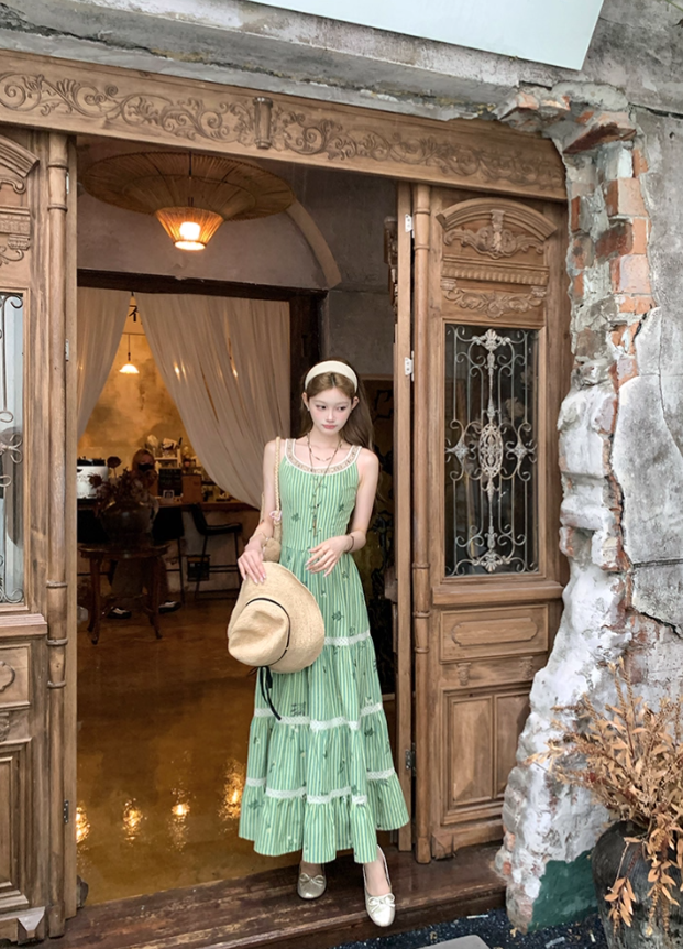Green long round neck sleeveless suspender dress women's summer French temperament skirt R4742