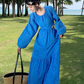 Seaside travel long skirt hollow waist slim embroidery backless long sleeves big swing dress R0186