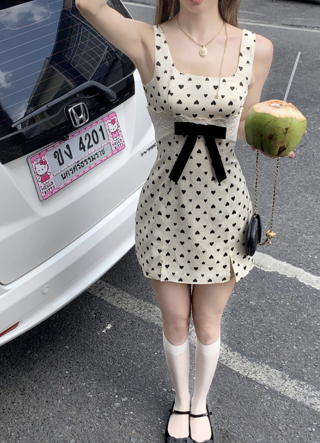 Square neck polka dot suspender dress women's summer French retro skirt R5028