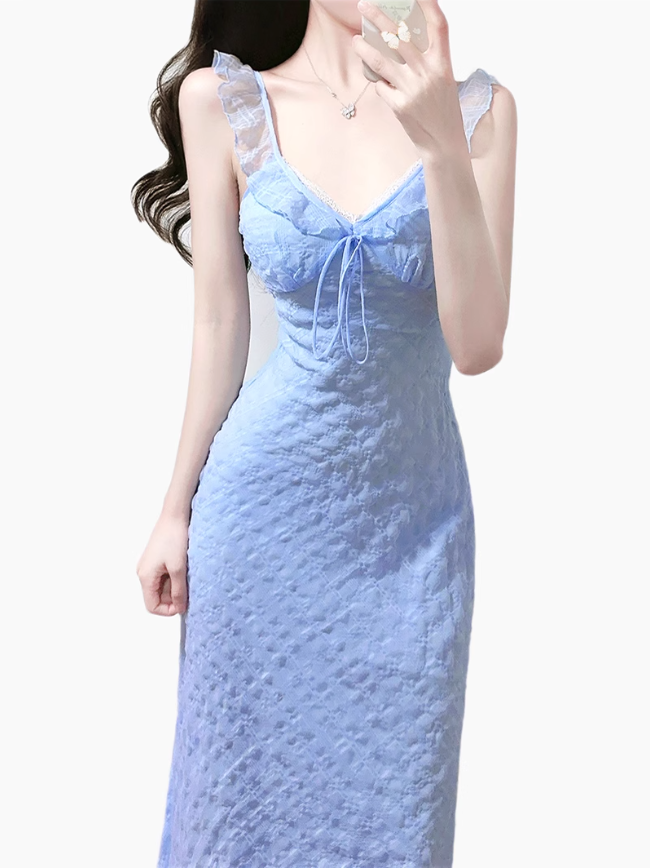 2025 Summer New Blue Mermaid Princess French Flying Sleeve Plaid Long Dress R0957