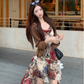 Fairy oil painting style suspender skirt swallowtail skirt dress lace cardigan two-piece suit R1718