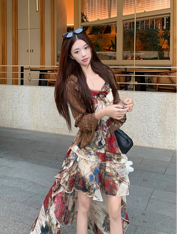 Fairy oil painting style suspender skirt swallowtail skirt dress lace cardigan two-piece suit R1718