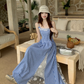 Fairy pure waist skirt suspenders plaid long skirt lace holiday style dress R1753